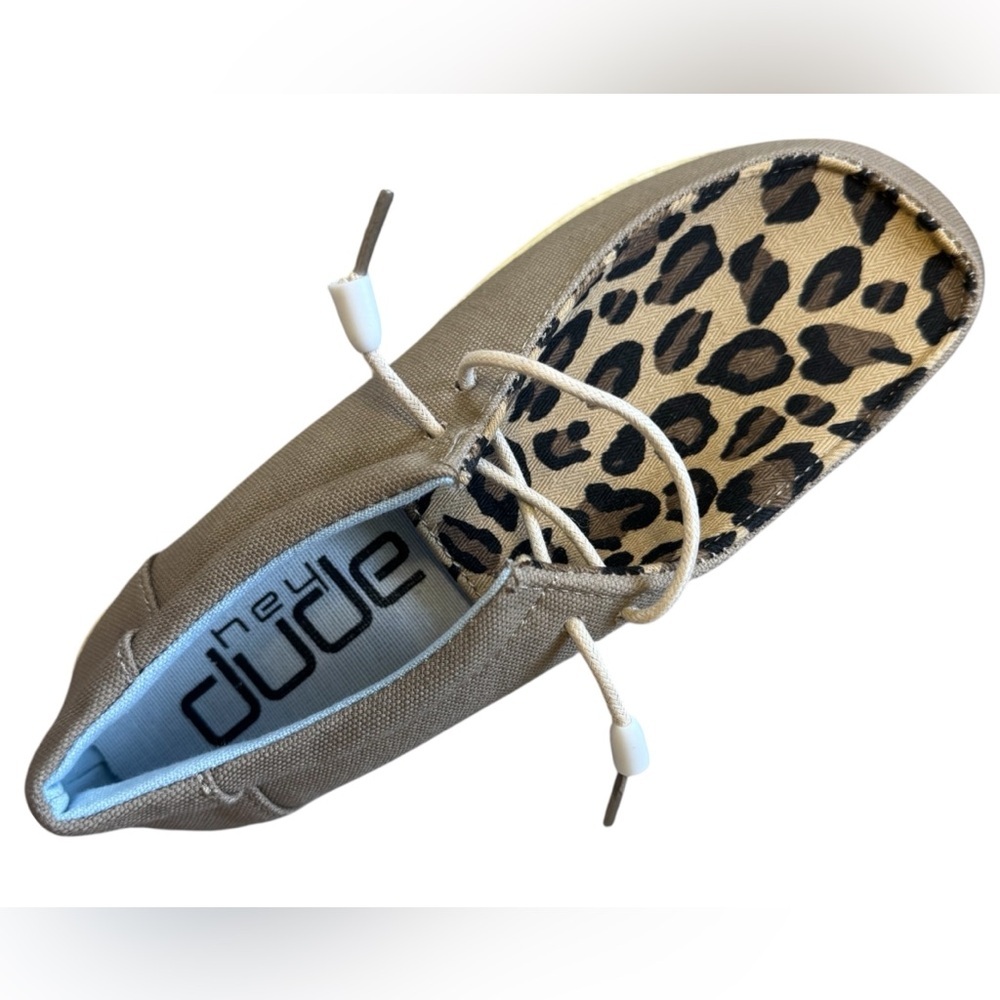 HEY DUDE W 7 (FITS SNUG) BROWN LEOPARD CANVAS SLIP ON (NOT AUTHENTIC)